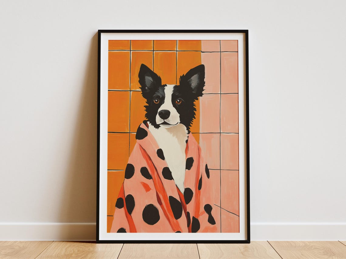 Border Collie Posing in a Pink Polka Dot Bathrobe Bathroom Poster