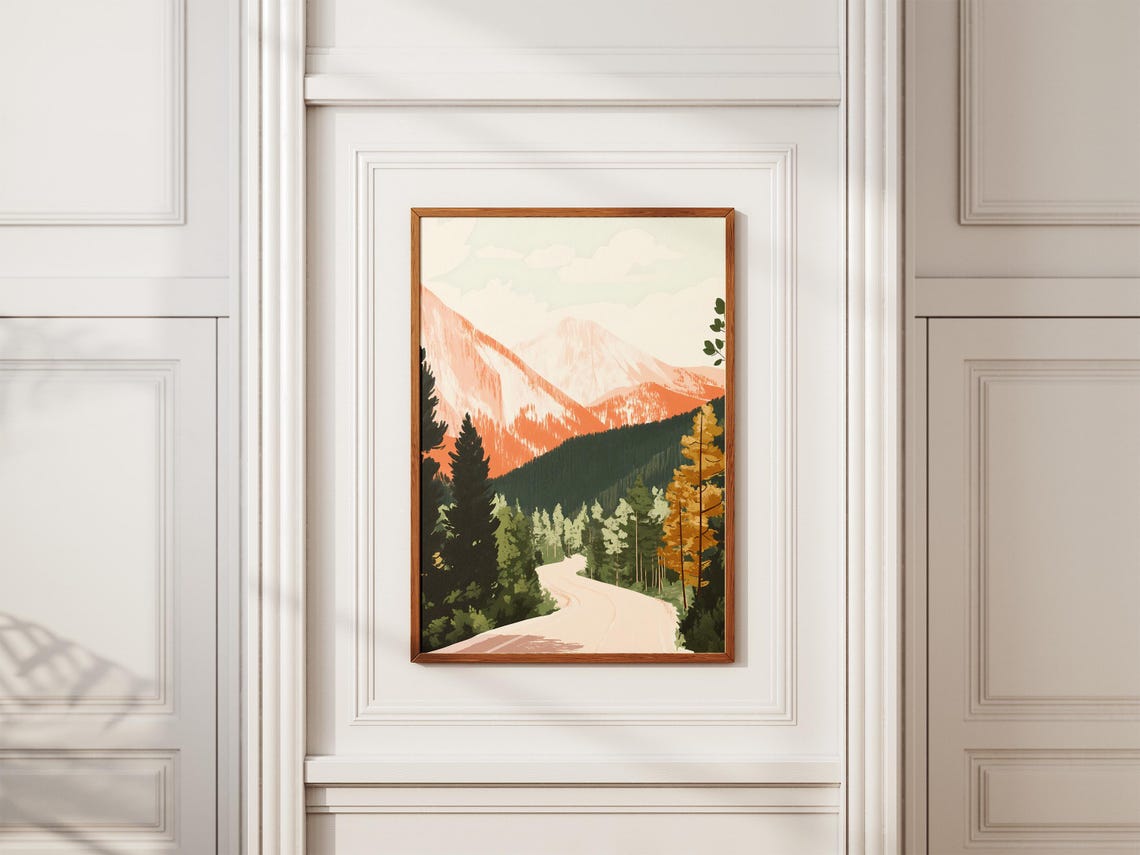 Winding Road Through Green Pine Forest To Pink Mountains Poster - Image 2