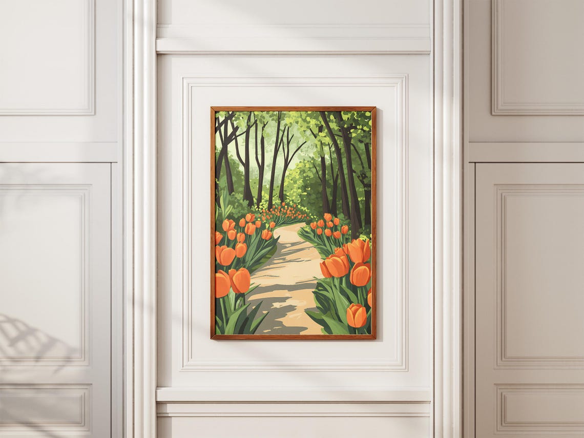 Orange Tulip Pathway Sunlit Woodland Garden Spring Art Poster - Image 2