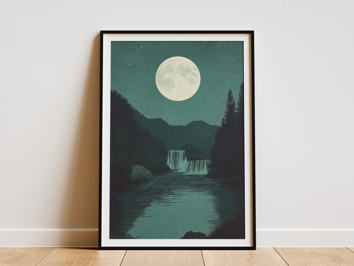 Plitvice Moonlit Waterfall Under Full Moon Teal Night Poster