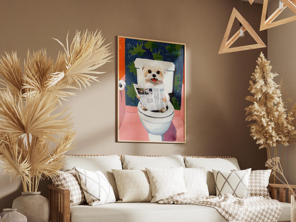 Maltese Dog on Toilet Reading Newspaper Funny Bathroom Dog Poster - Image 3