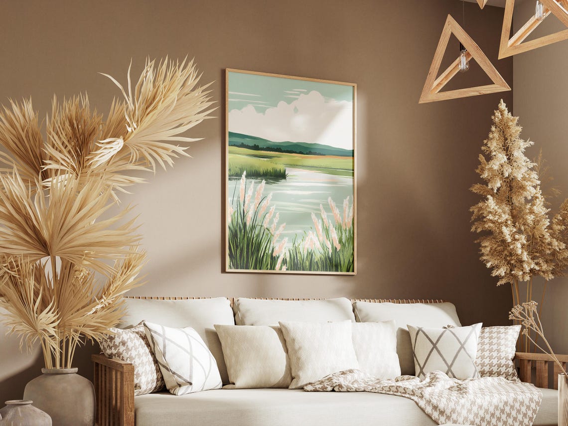 Peaceful River Marsh With Tall Grasses And Hills Landscape Art Poster - Image 3