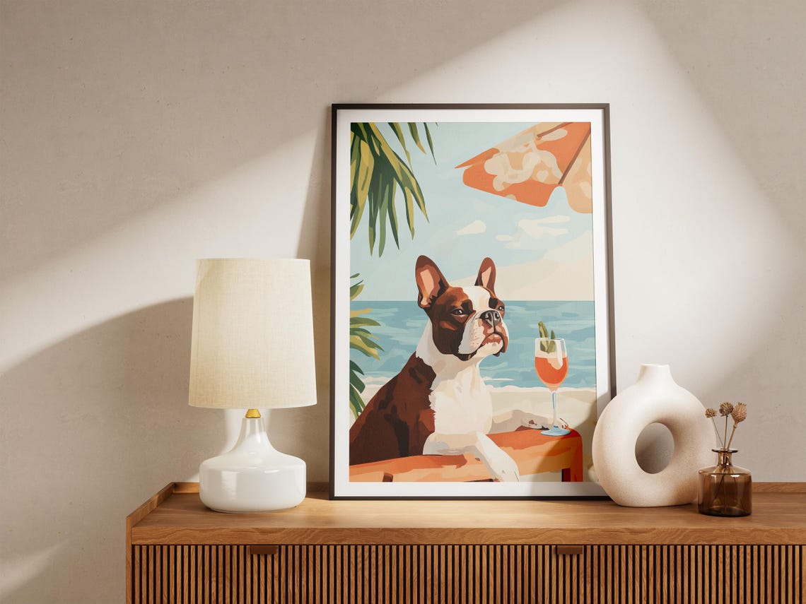 Boston Terrier with Cocktail Beach Umbrella Funny Dog Art Poster - Image 5