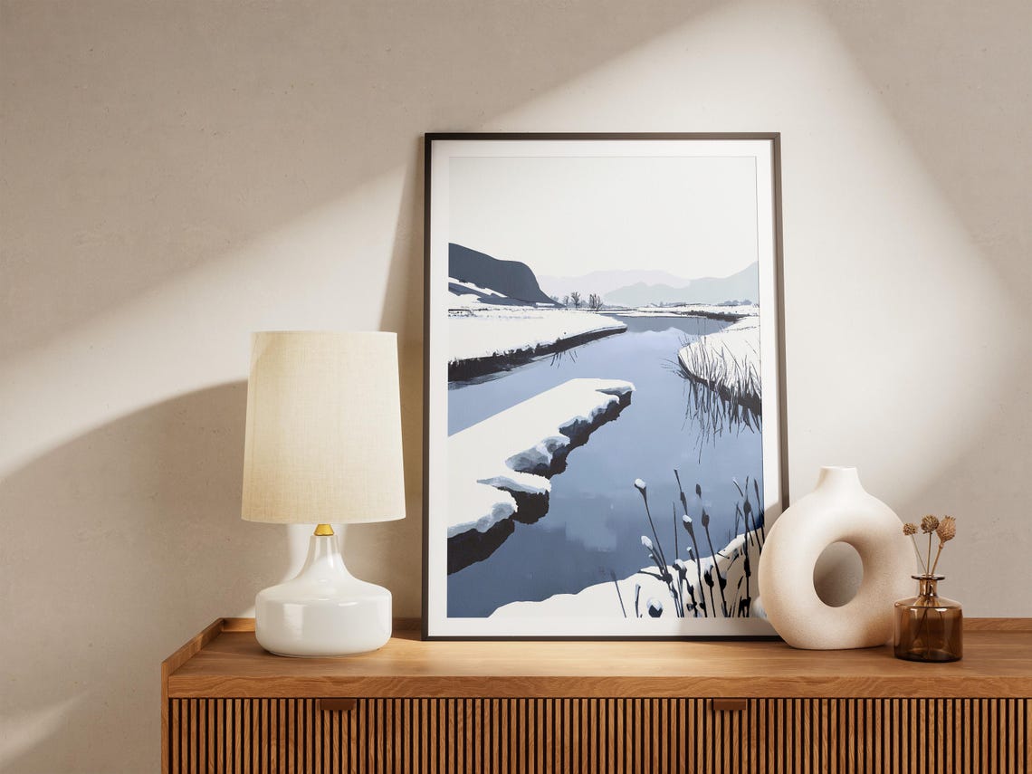 Minimalist Snow Covered Winter River Landscape Blue Hues Poster - Image 4