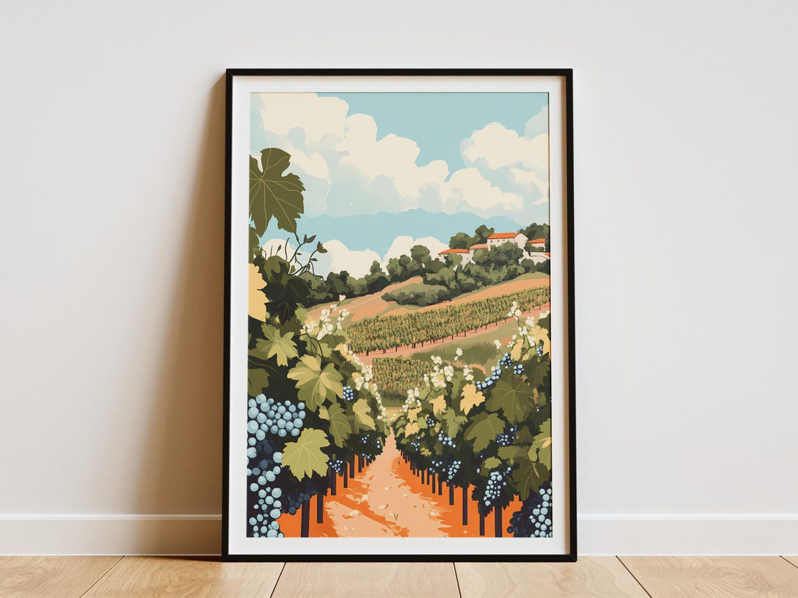 Sunlit Vineyard Hillside With Grape Vines And Hilltop Winery Poster