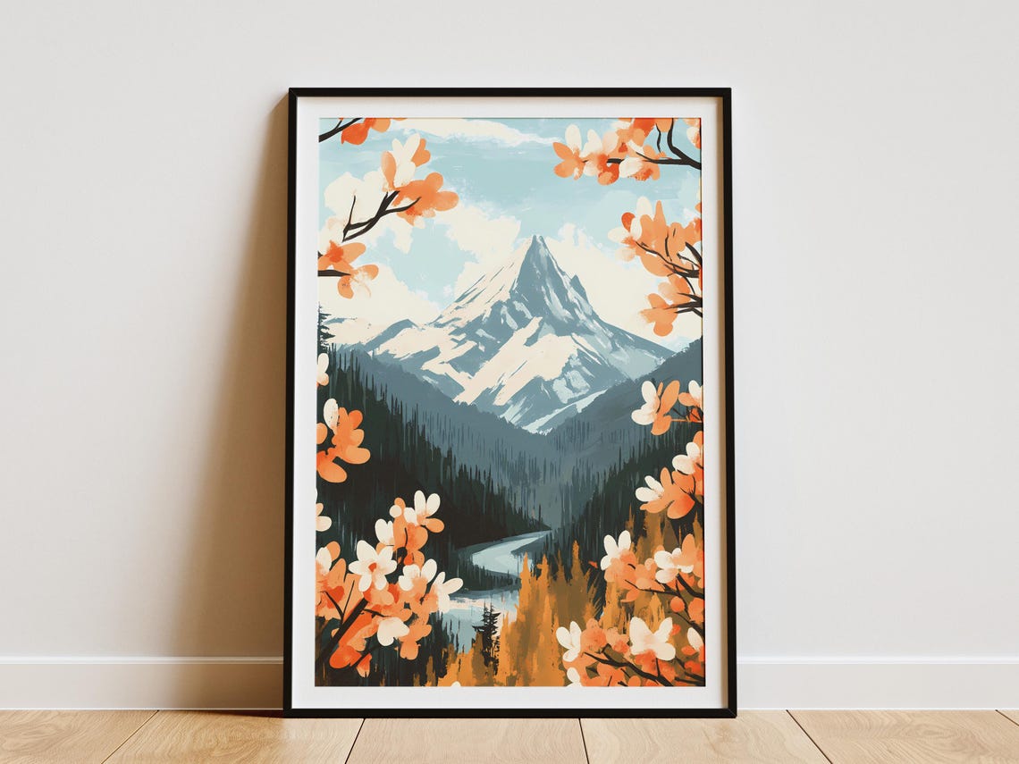 Snowy Mountain Peak Framed By Orange Spring Blossom Branches Poster
