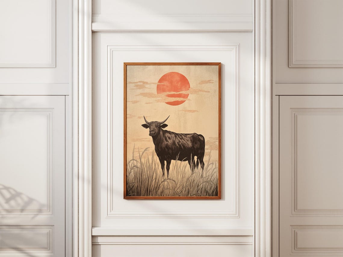Ox In Rice Field Poster Sunrise Art Print Asian Landscape Wall Decor Farmhouse Animal Illustration Japanese Style Art Print Farmhouse Decor - Image 2