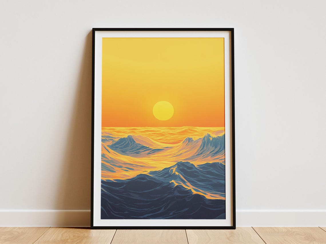 Golden Sunset Sun Sinking Over Dark Rolling Ocean Waves Poster
