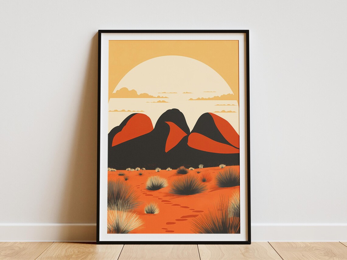 Australian Desert Dunes with Dark Mountains Art Poster Scenic
