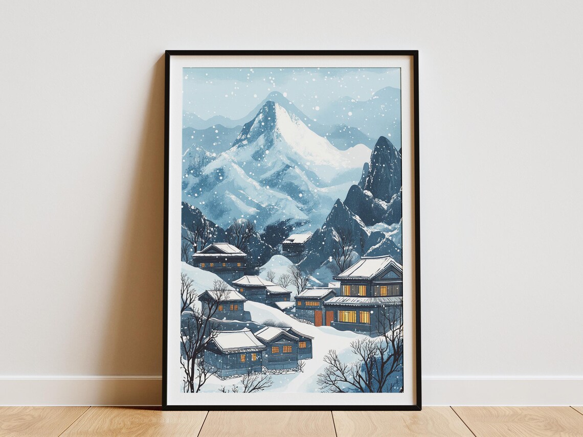 Snowy Mountain Village with Glowing Windows Winter Asian Art Poster