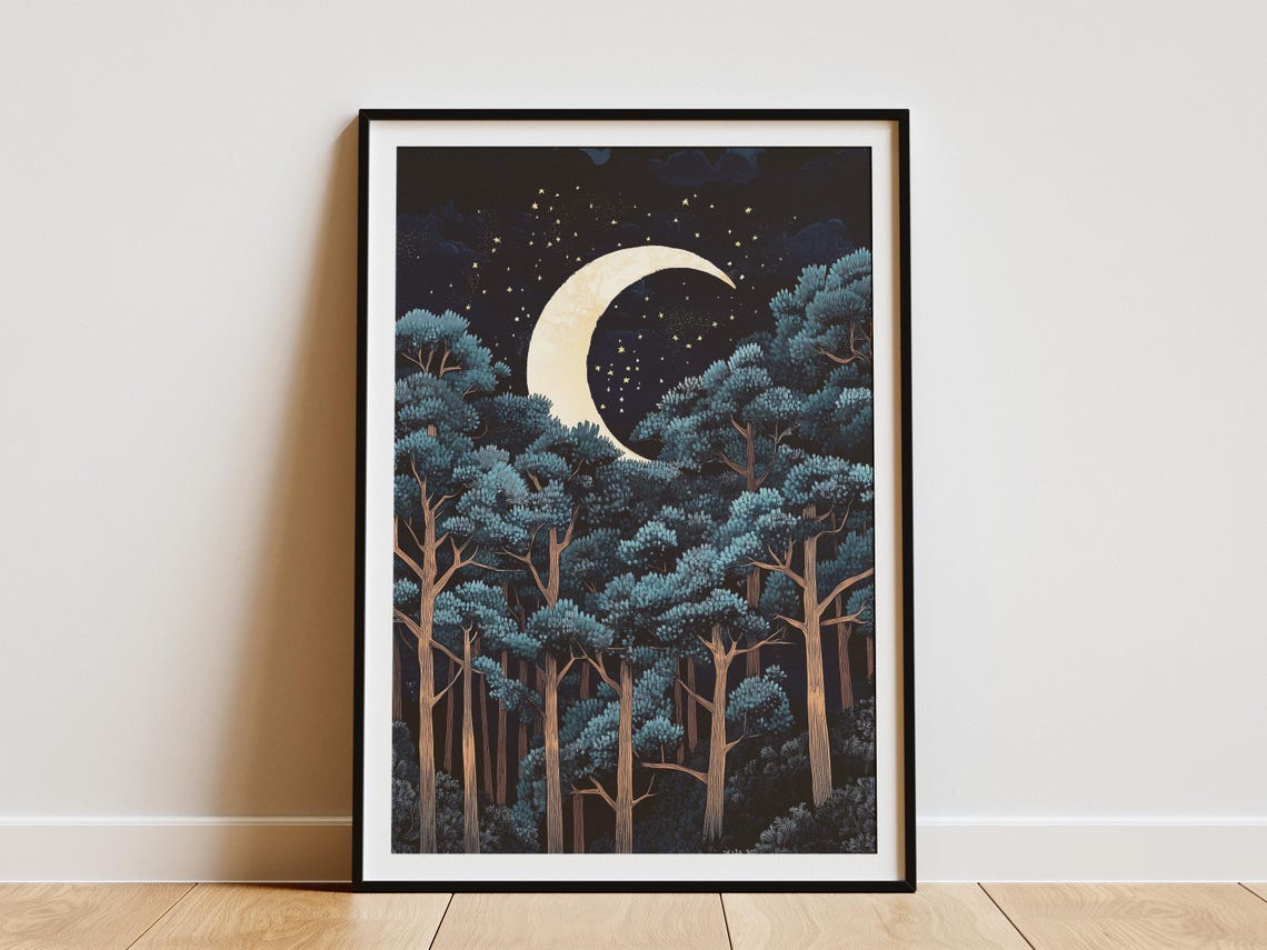 Crescent Moon Rising Over Starry Pine Forest Night Sky Poster