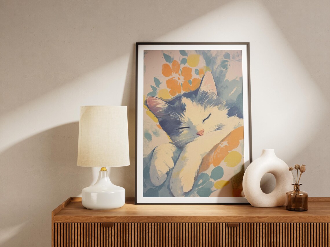 Sleeping Grey Cat Resting in a Colorful Floral Bed Matisse Inspired Poster - Image 4