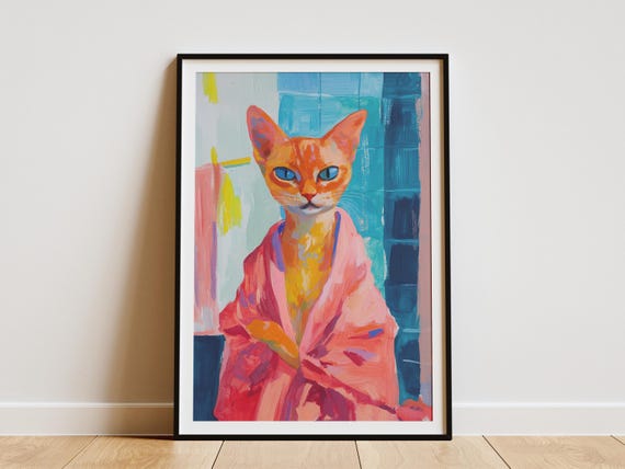 Abyssinian Kitten Art Print Baby Cat In Bathrobe Poster Cute Bathroom Wall Pet Portrait Unique Gift For Lovers Decor