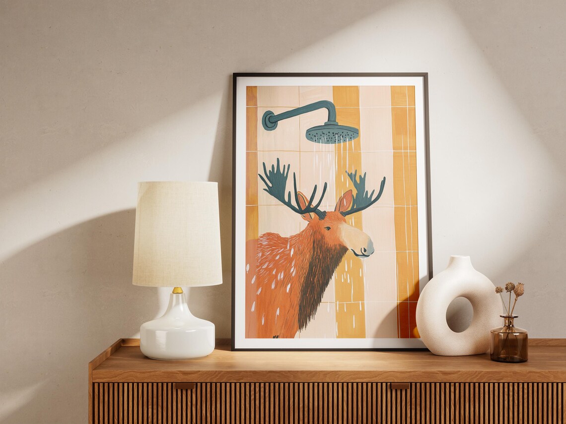 Rusty Orange Moose Enjoying Shower On Retro Orange Tiles Poster - Image 5