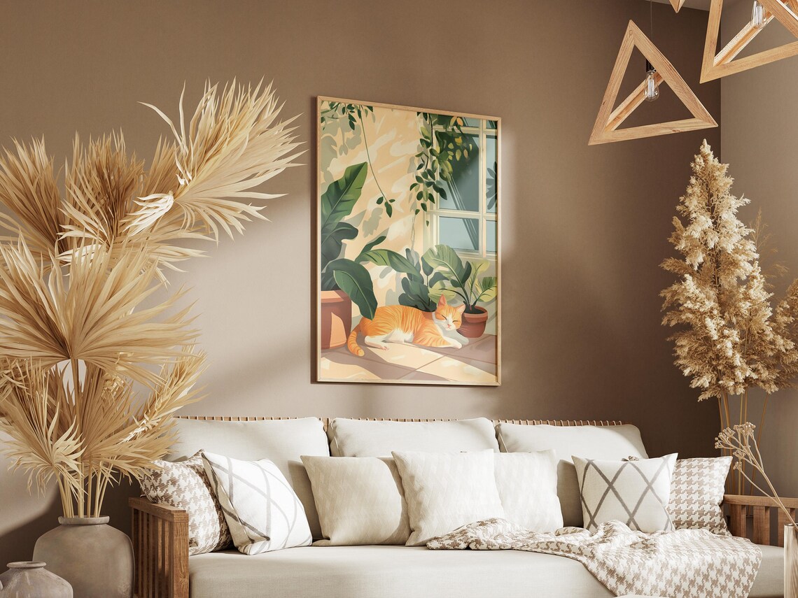 Orange Tabby Cat Sunbathing Among Terrace Houseplants Poster - Image 3