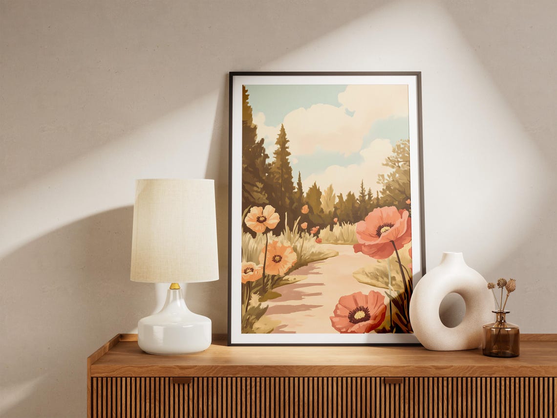 Giant Coral Poppies Along A Sunlit Pine Forest Path Summer Poster - Image 5