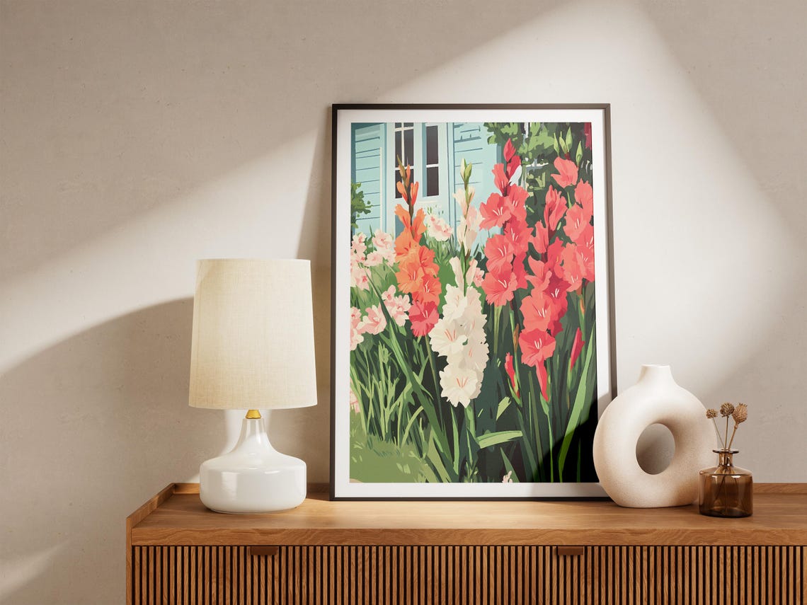 Gladiolus Garden Red Orange White Summer Blooms Cottage Poster - Image 5