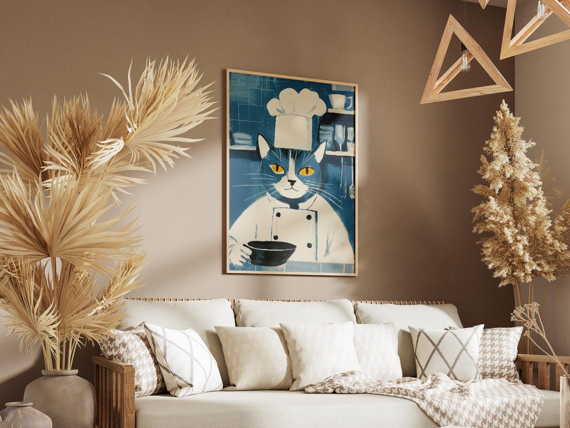 Domestic Shorthair Cat Chef Poster Kitchen Art Print Funny Lover Gift Culinary Blue Decor - Image 3