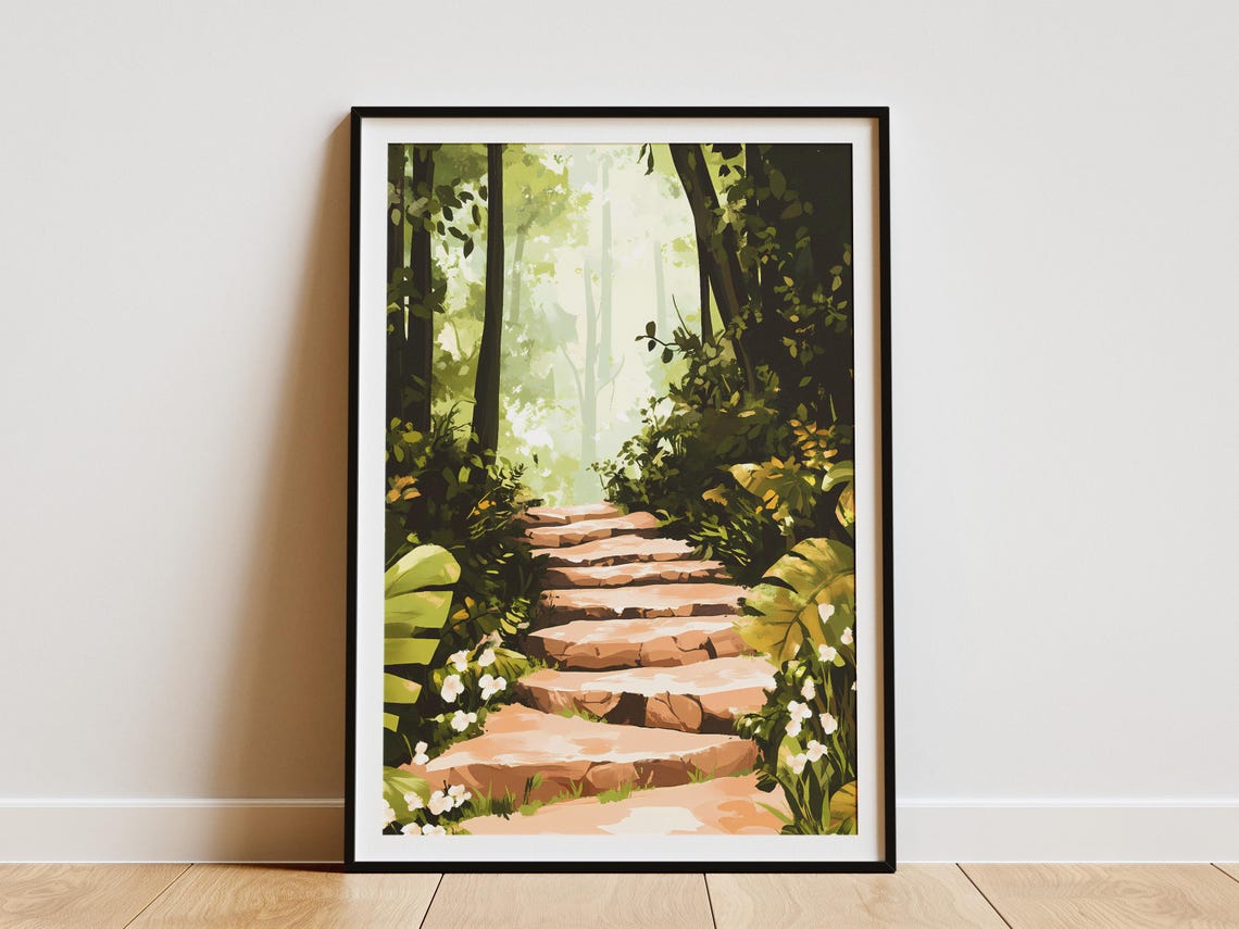 Stone Steps Through Lush Green Forest Peaceful Nature Walk Poster