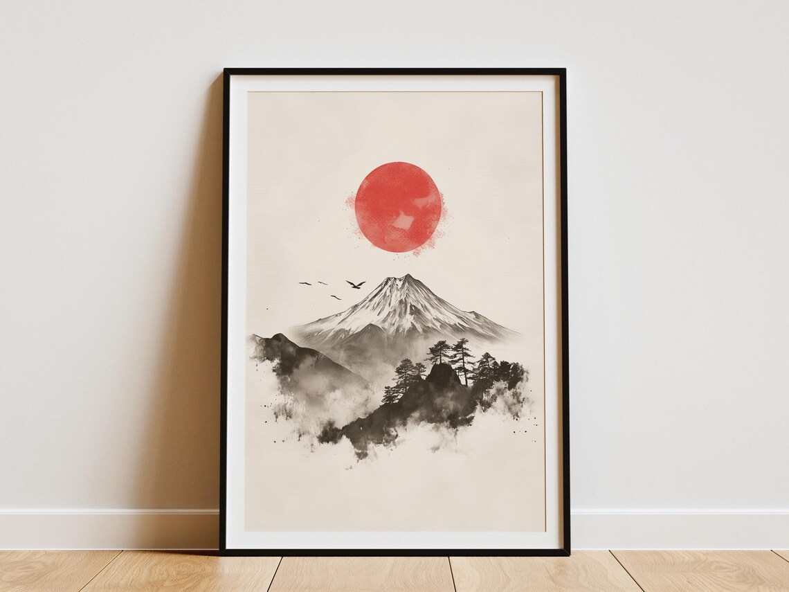 Japanese Mountain Ink Wash Painting Red Sun Asian Scene Poster