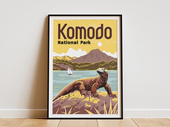 Komodo National Park Dragon Volcano Vintage Travel Poster Art