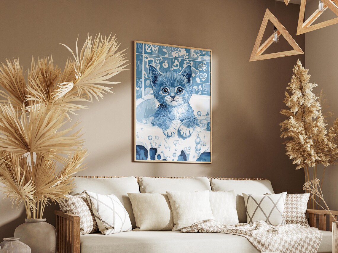 Blue Kitten In Bathtub Poster Cute Whimsical Pet Art For Bathroom Decor - Image 3