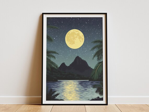 National Park of American Samoa Moonlit Bay Palm Trees Tropical Night Poster