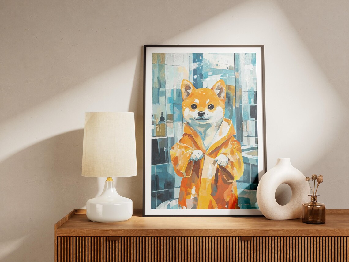 Happy Shiba Inu Puppy in Bright Orange Robe Modern Dog Art Poster - Image 4