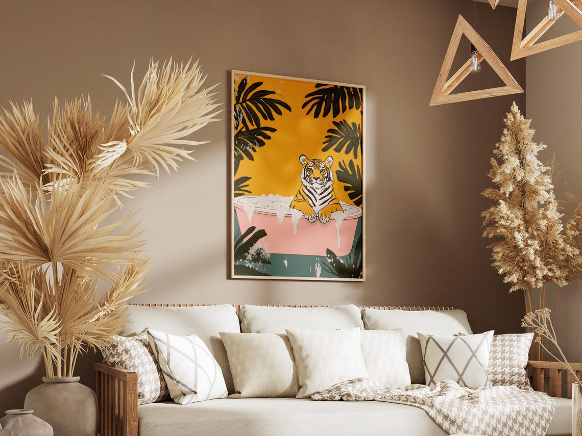 Tiger Bubble Bath Pink Tub Mustard Monstera Leaf Wall Poster - Image 3