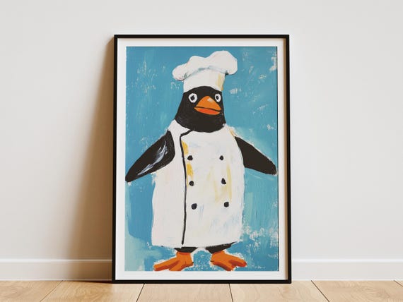 Penguin Chef Art Print Quirky Kitchen Wall Whimsical Poster Funny With Hat
