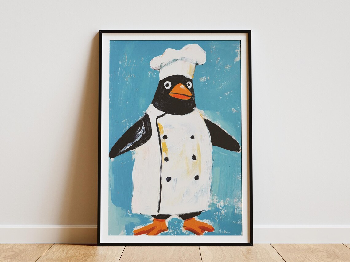 Penguin Chef Painting Funny Cute Animal Kitchen Decor Poster