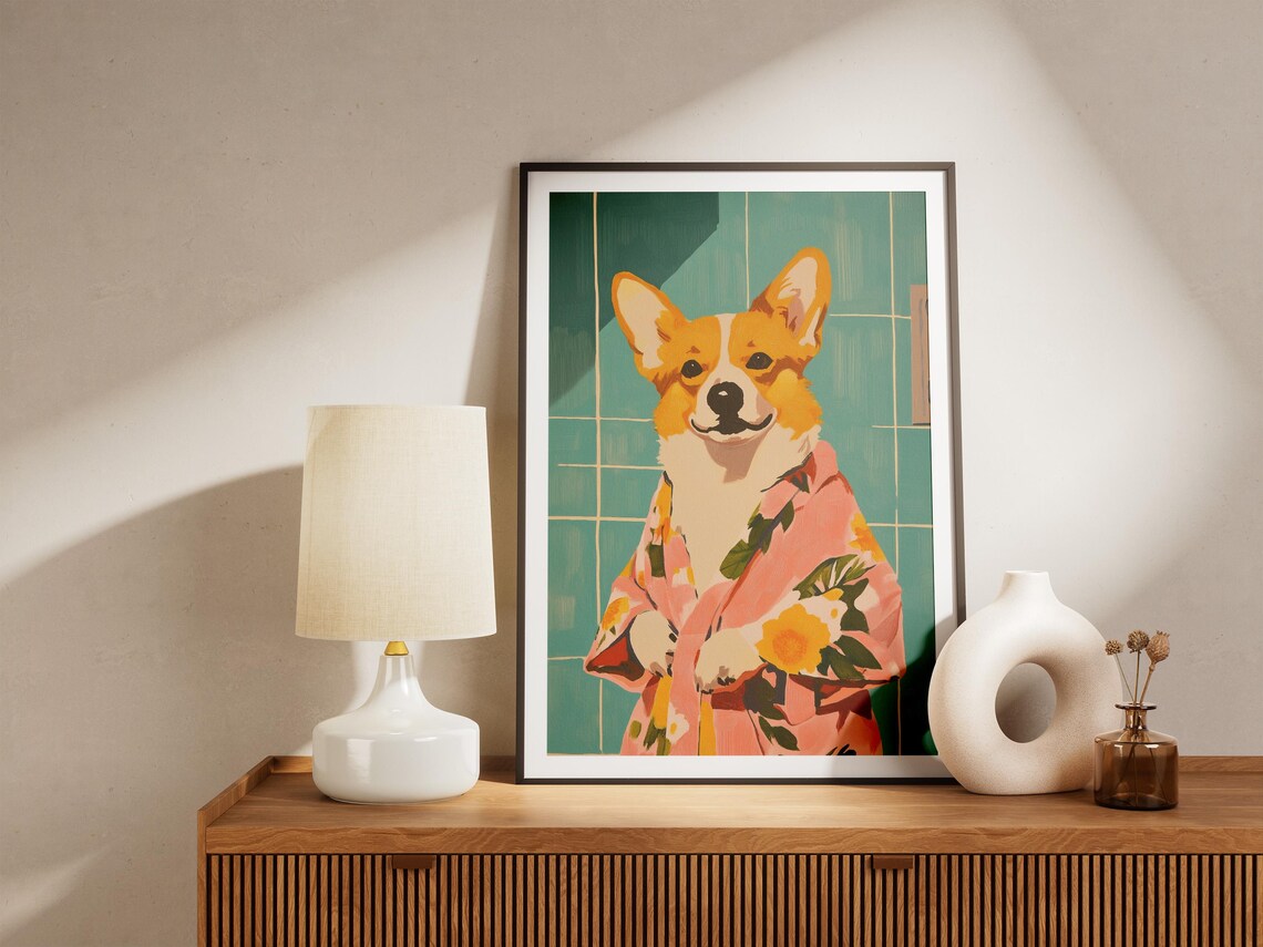 Corgi Dog in Floral Bathrobe Matisse Style Fun Bathroom Poster - Image 4
