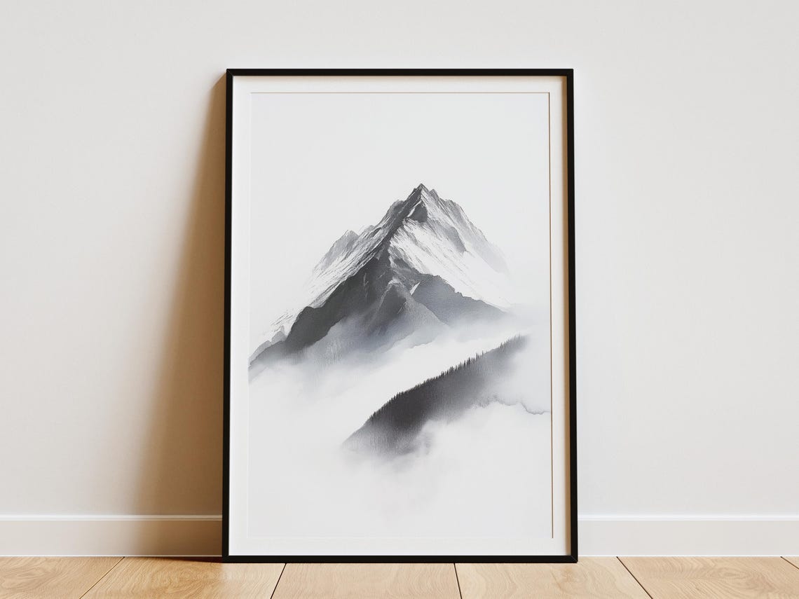 Black White Watercolor Mountain Peak Cloud Minimalist Art Poster