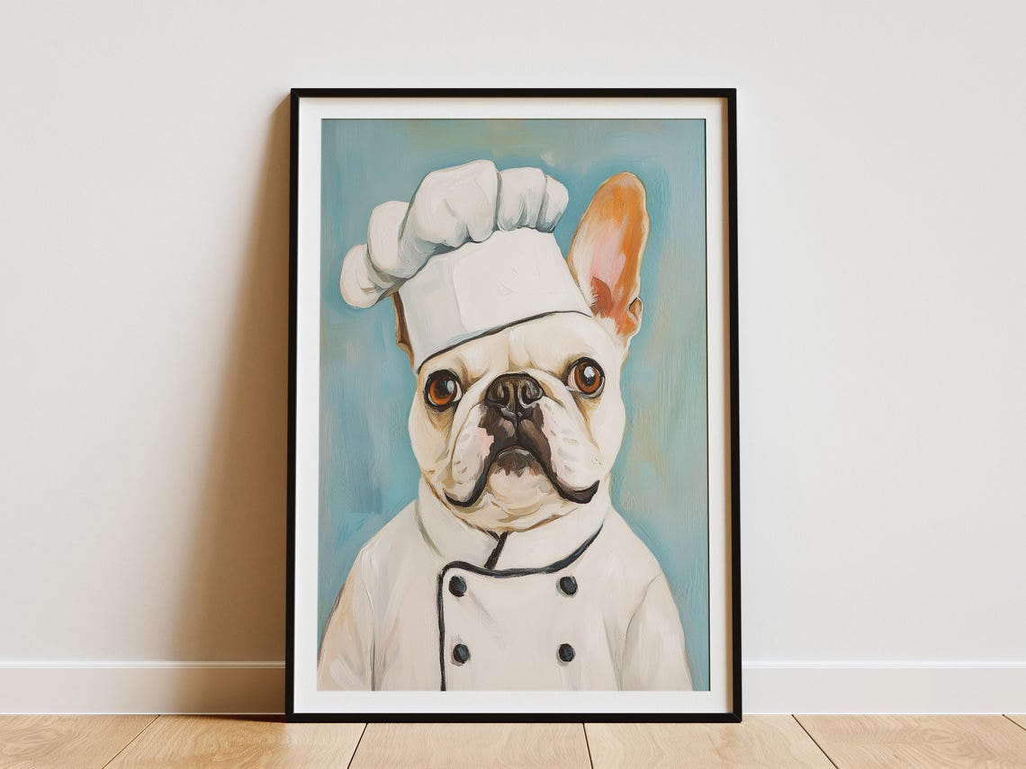 French Bulldog Chef Whimsical White Dog Portrait Kitchen Poster