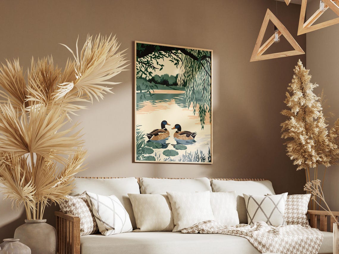 Two Ducks Under Willow Branches Calm Lake Illustration Poster - Image 3