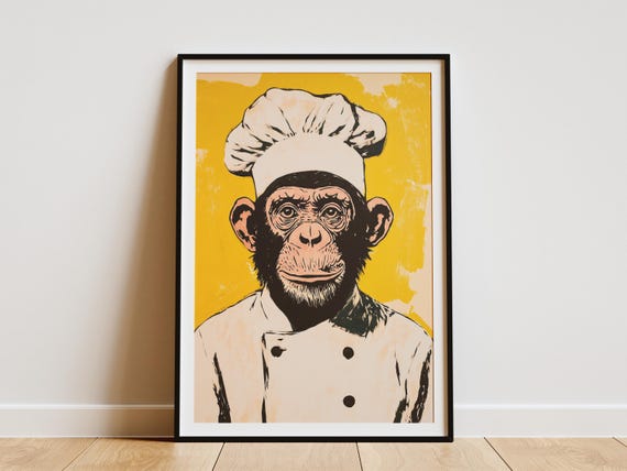 Chimpanzee Chef Art Print Funny Kitchen Decor Animal Poster Quirky Chimp Modern Monkey White Outfit