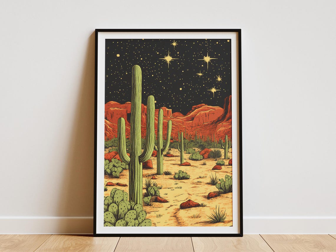 Saguaro Cactus Desert Under A Starry Night Sky Vintage Poster