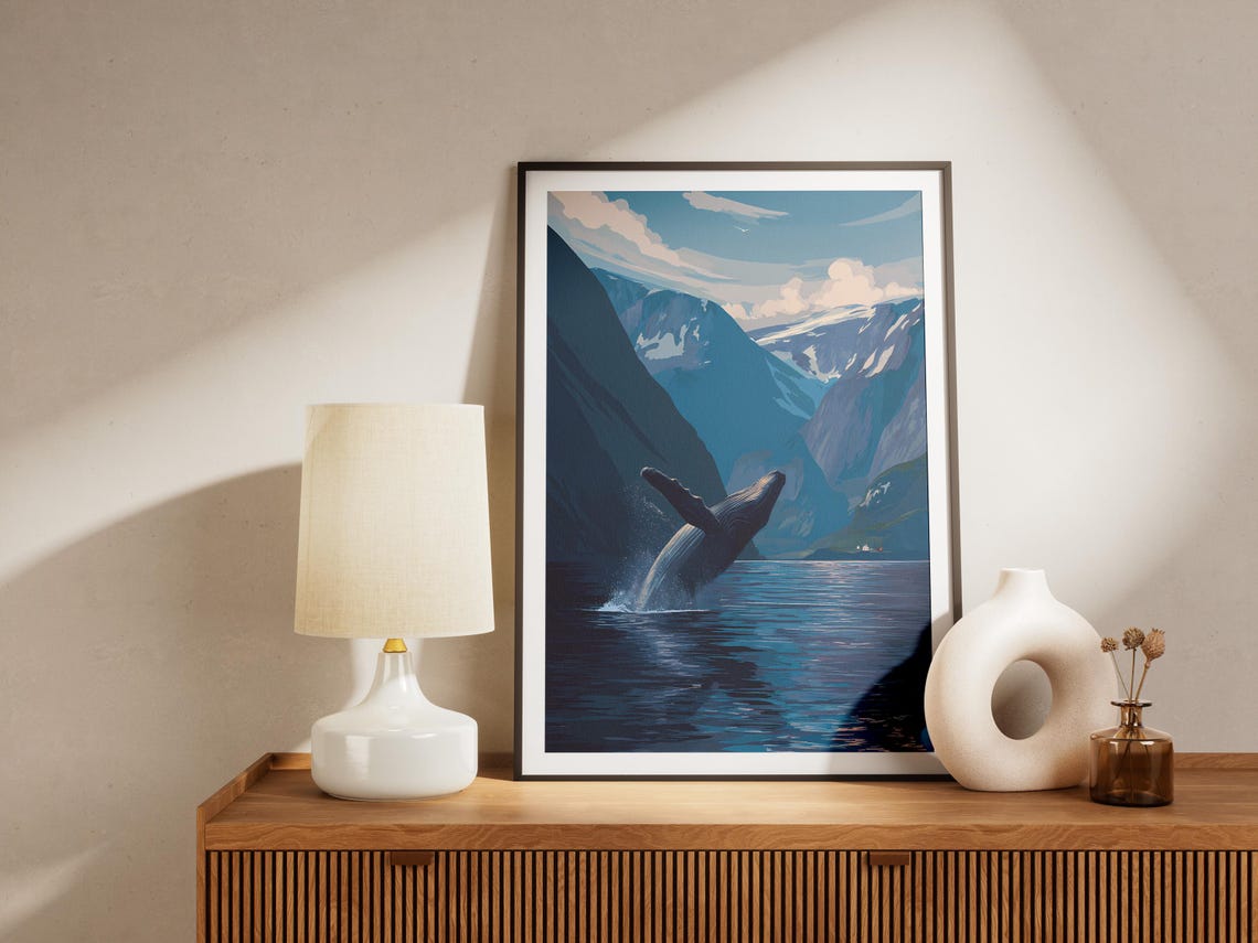 Whale Breaching in Blue Fjord Snowy Mountains Travel Art Poster - Image 4