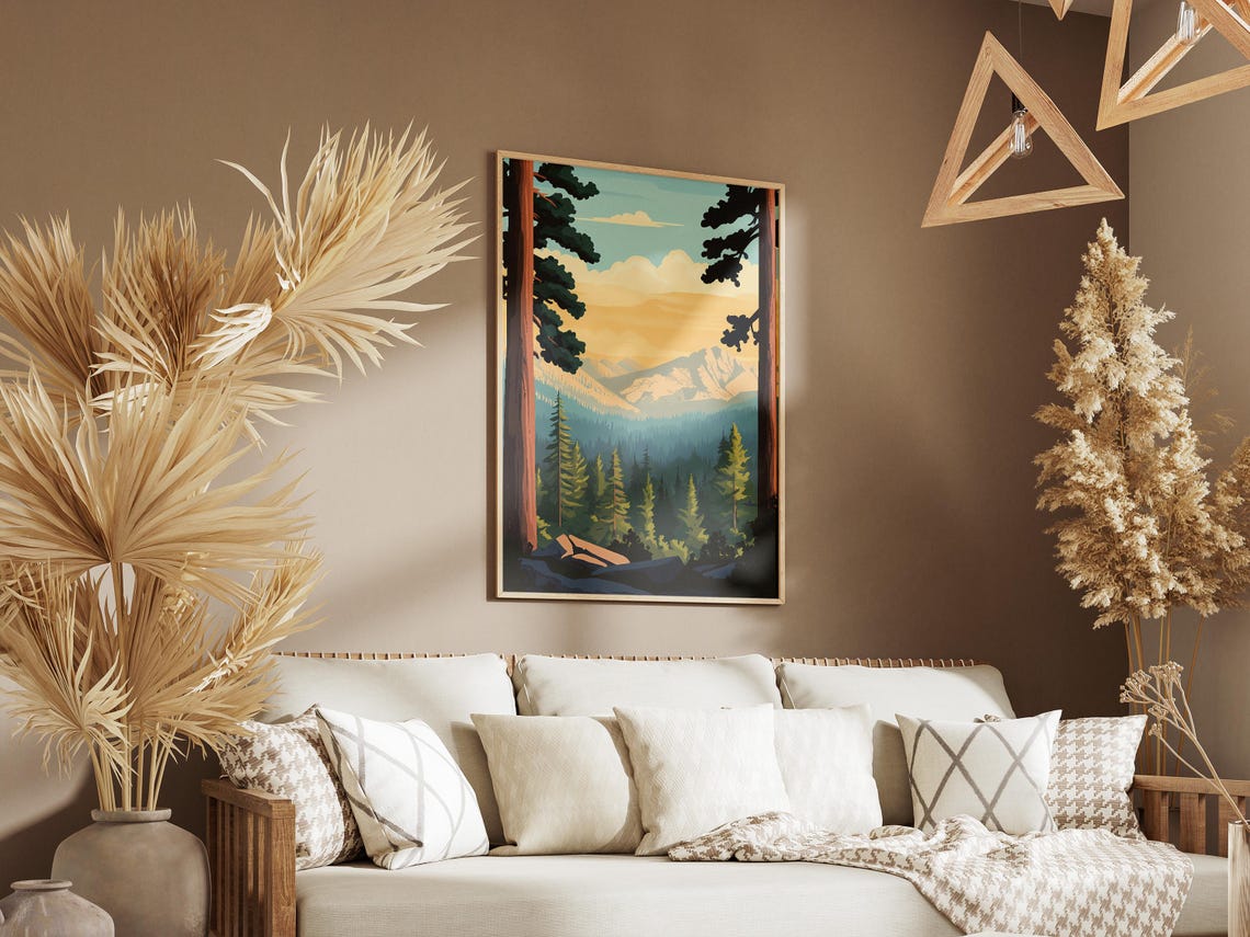 Sequoia Trees Framing a Sunset Mountain Vista Art Poster Scenic - Image 3
