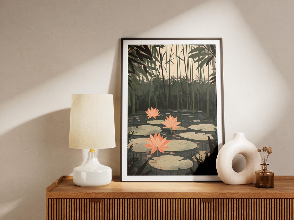 Bamboo Forest Pond Peach Lotus Lily Pads Asian Zen Art Poster - Image 4