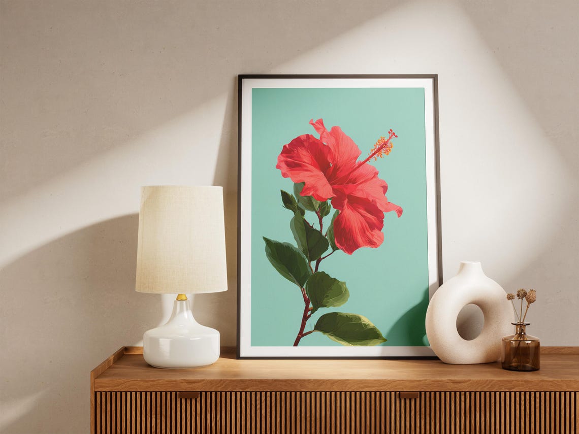 Red Hibiscus Flower Single Bloom On Mint Green Background Poster - Image 4