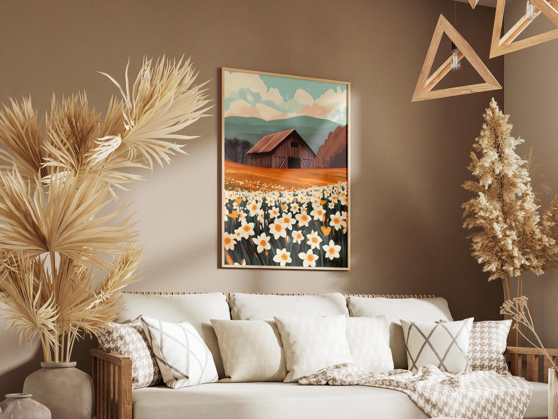 Rustic Red Barn With Daffodils Spring Farmhouse Landscape Poster - Image 3