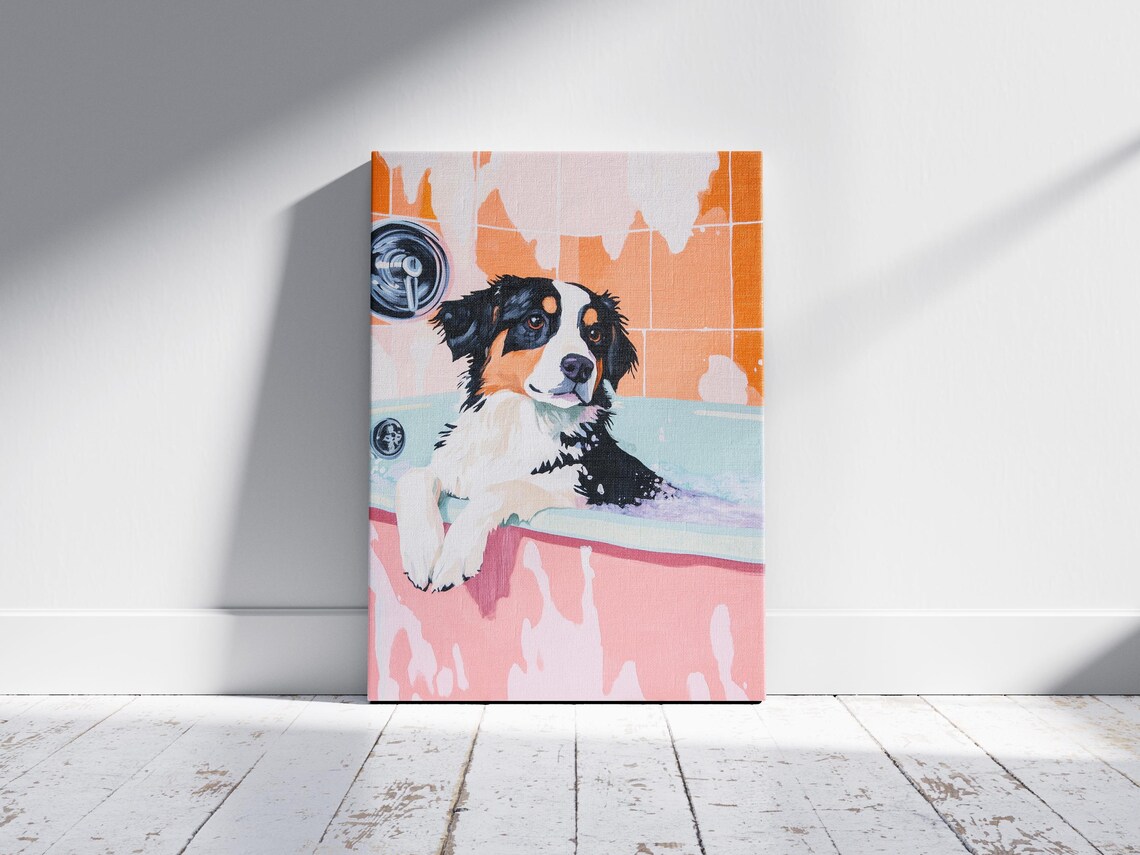 Australian Shepherd in Pink Bathtub Bubble Bath Cute Dog Art Poster - Image 2