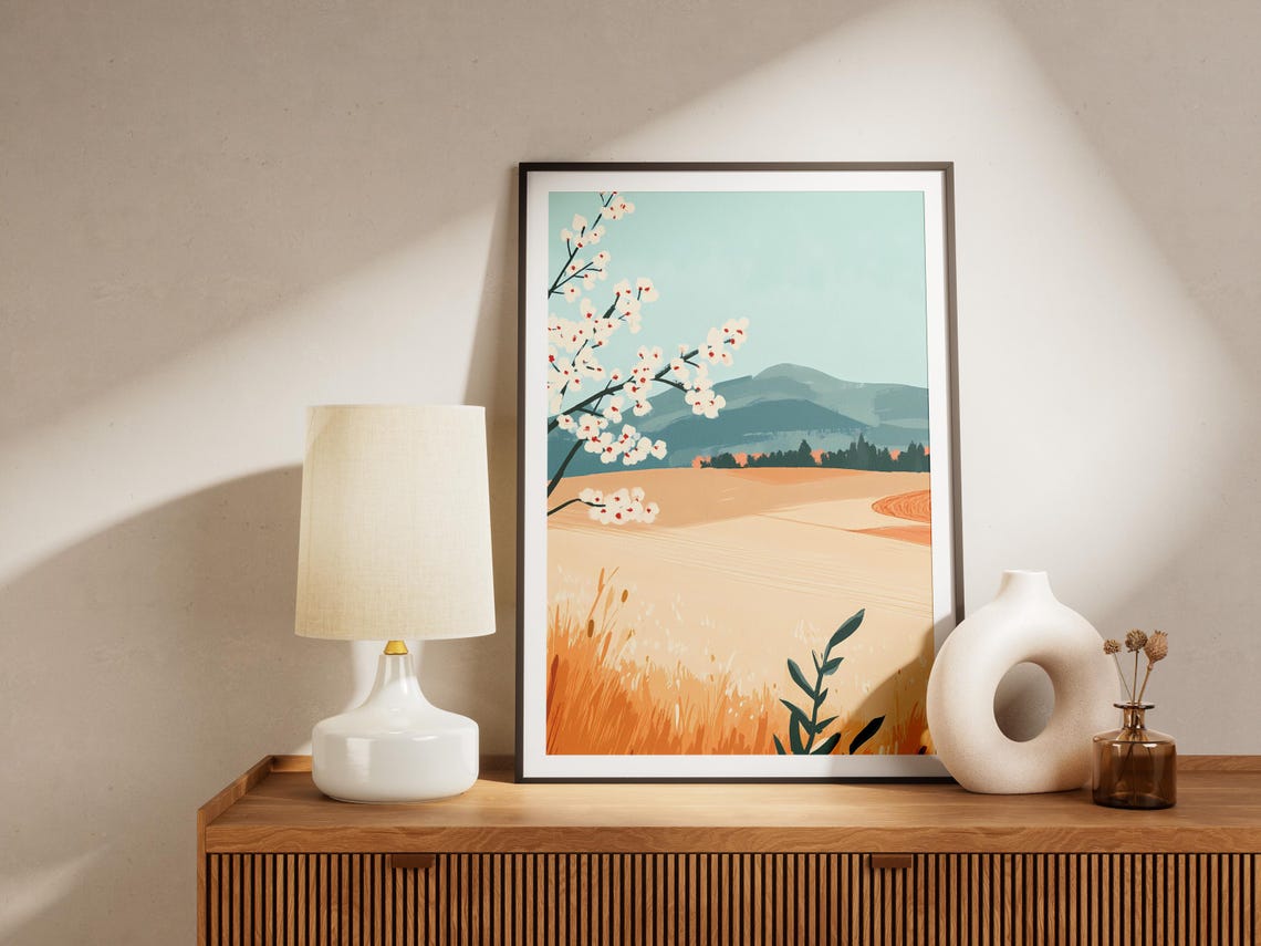 White Blossoms Over Golden Spring Field Minimal Mountain Art Poster - Image 4