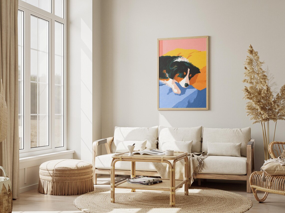 Australian Shepherd Sleeping on Colorful Bedding in a Cozy Dog Art Poster - Image 3