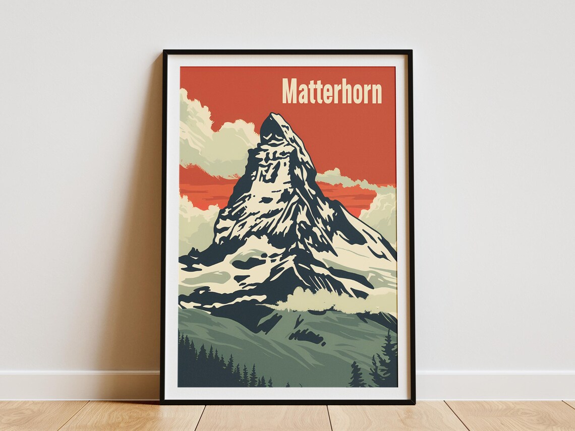 Matterhorn Iconic Pyramid Swiss Alps Red Sky Vintage Travel Poster