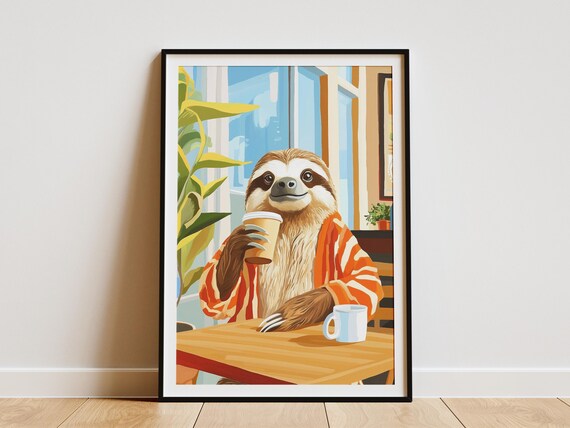 Sleepy Sloth in a Striped Robe with Takeaway Coffee Morning Poster