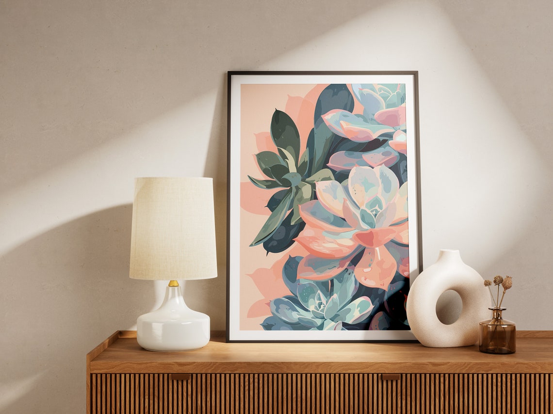 Pastel Succulent Plants Pink and Teal Minimalist Botanical Wall Poster - Image 5