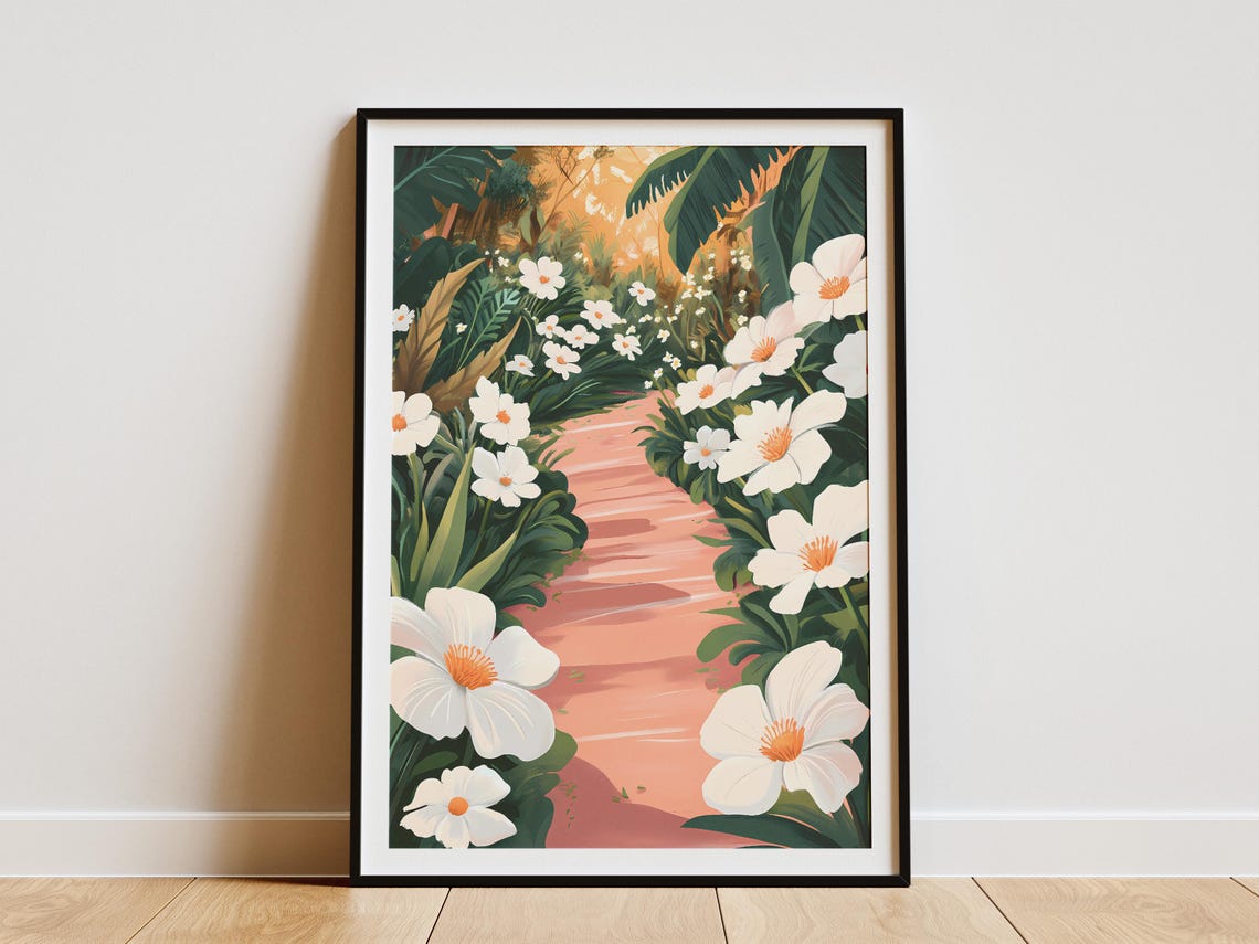 White Anemone Flowers Along a Pink Garden Pathway Art Poster