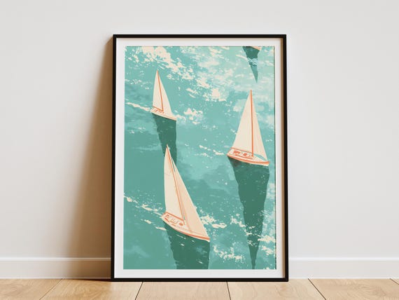 Sailboat Regatta Poster Turquoise Ocean Summer Coastal Art Print Nautical Decor Summertime Sailing Boats Yacht Race Regatta
